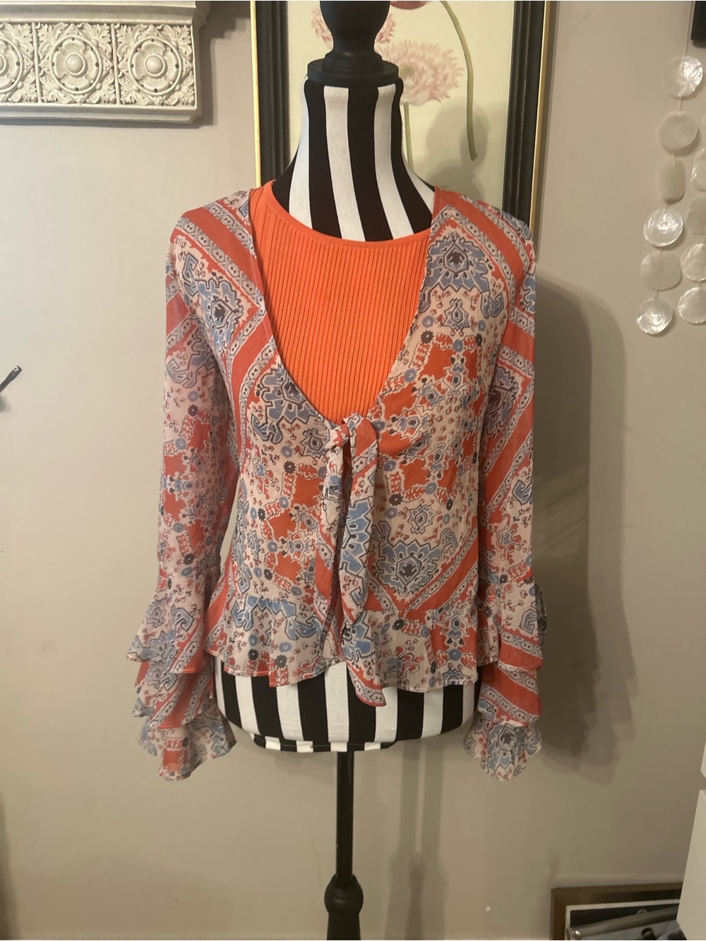 Tularosa Coral & Light Blue Paisley Tie-Front Ruffle Blouse